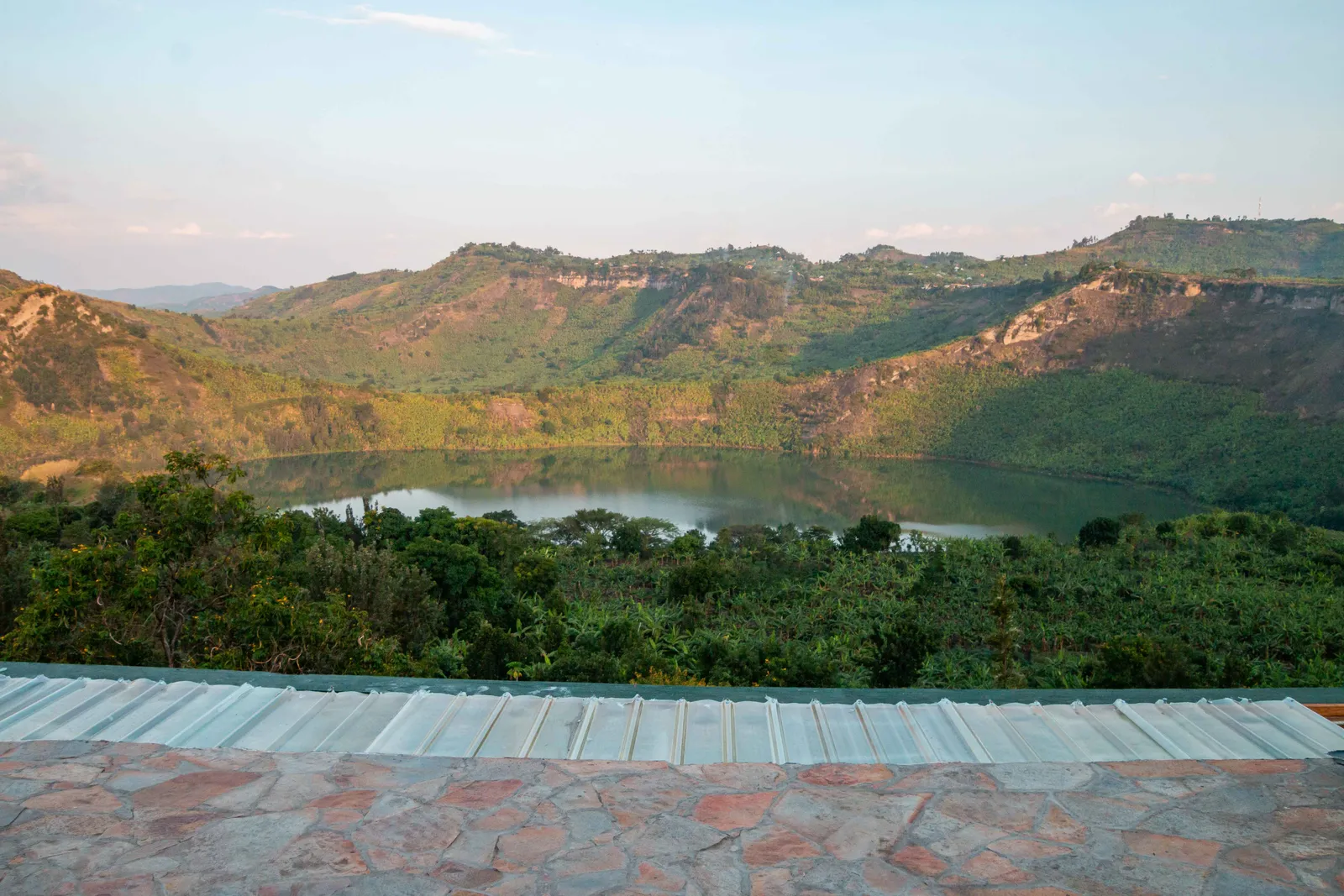 Crater lake and surrounding hills viewed from Rift Craters Eco Lodge