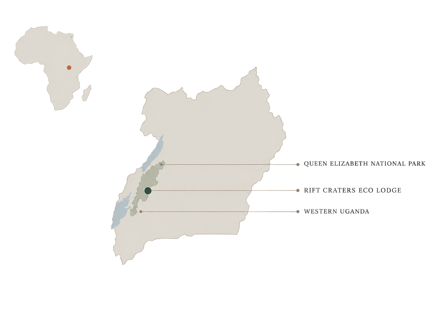 Map showing Rift Craters Eco Lodge in western Uganda near Queen Elizabeth National Park