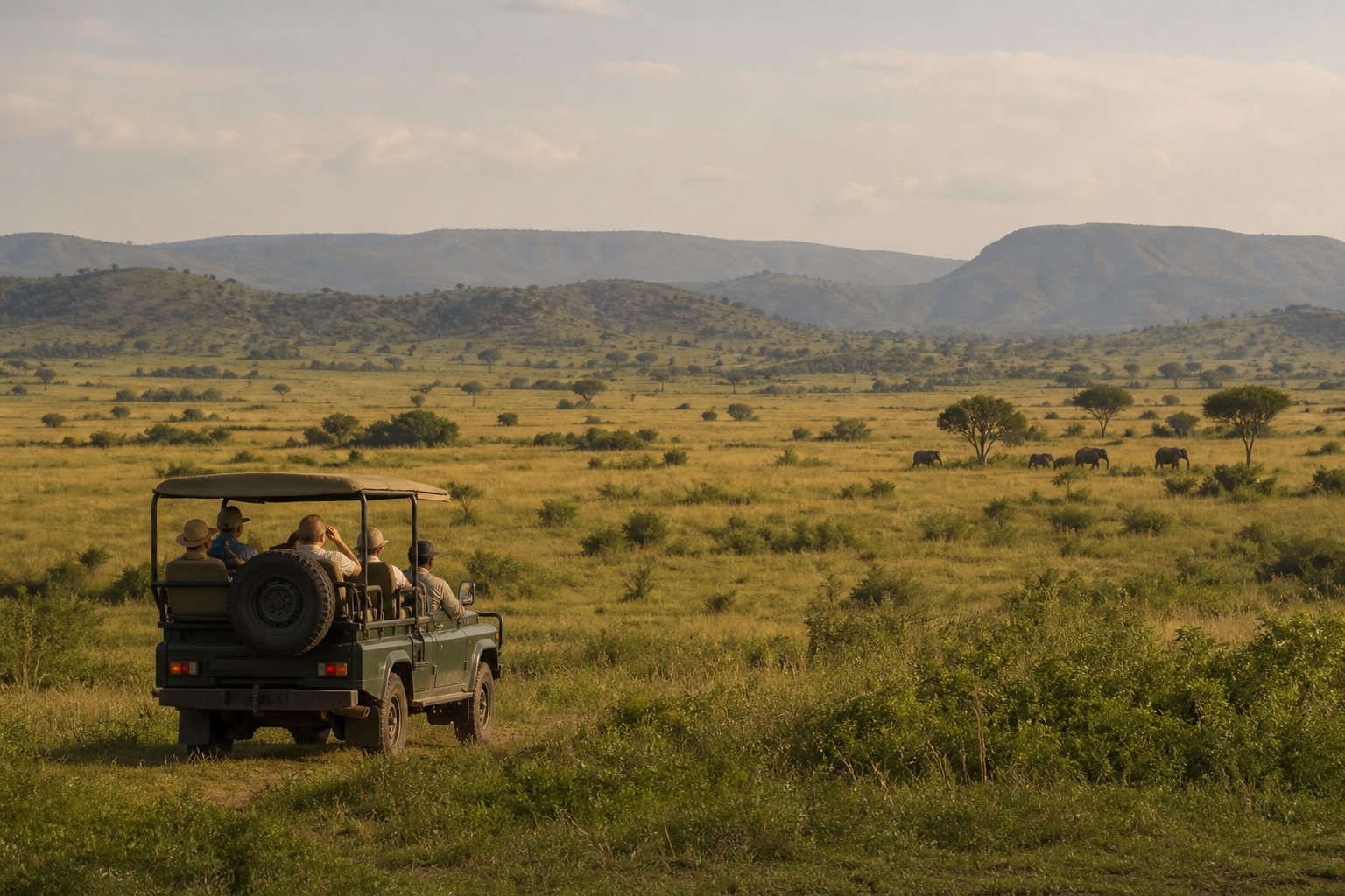 Guests on a guided safari in the savanna of western Uganda